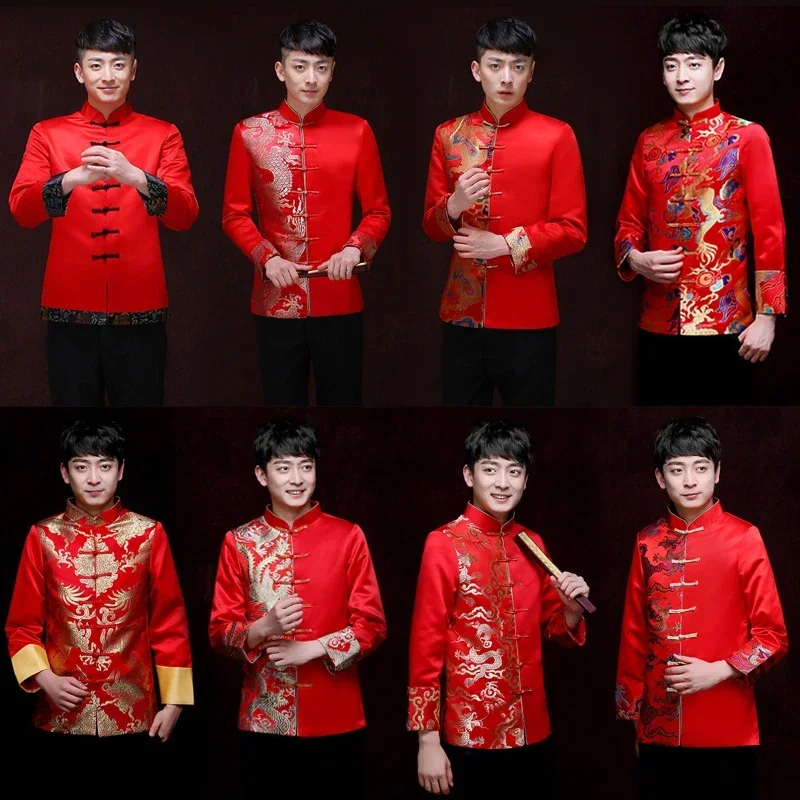 

Tang Suit Red Traditional Chinese Clothing Men Hanfu Embroidery Top Dragon Print Vintage Satin Kungfu New Year Party Etiquette