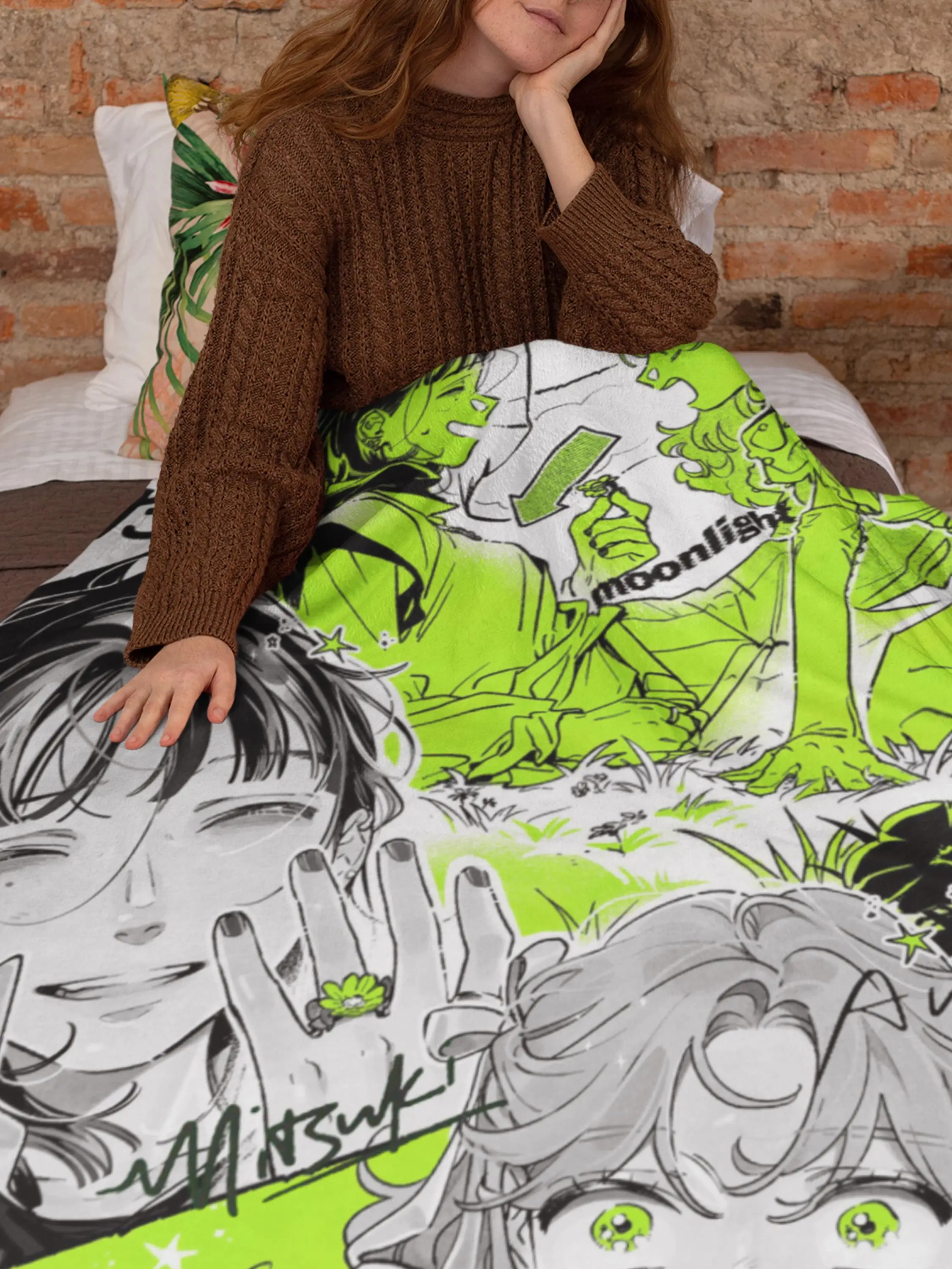 Anime Manga Velveteen Microfiber Blanket Green Yuri Bedspread on the Bed Linens Fluffy Soft Blankets and Throws Human Made Home