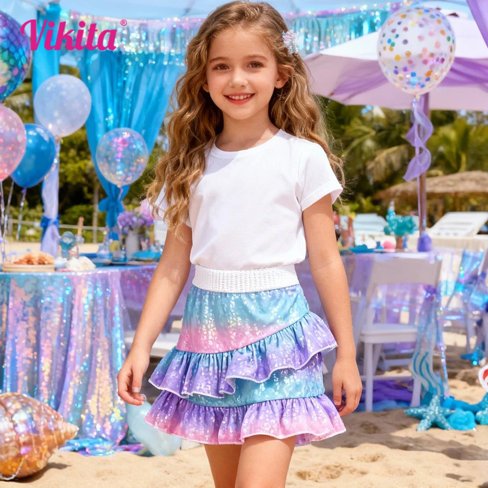 VIKITA Girls Tiered Ruffle Shiny Mermaid Print Gradient Irregular Fashion Stylish Polyester Beach Vacation Mini Skirts Outfits