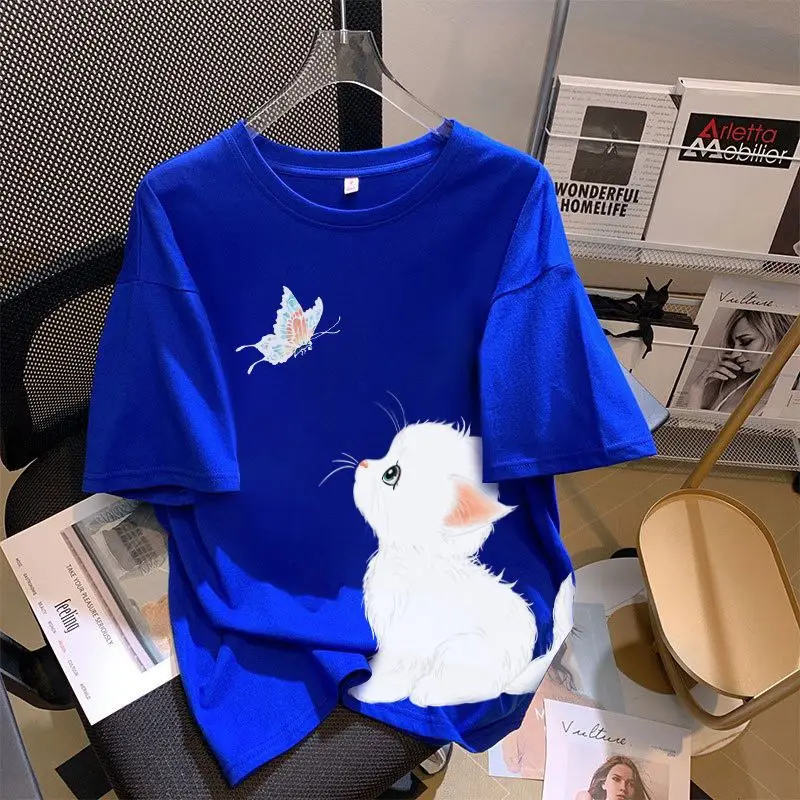 

Summer Cotton Short Sleeve T-Shirts Femme Casual Cartoon Loose O-neck Top Tee Women Clothing All-match Printing Bufferfly Tops
