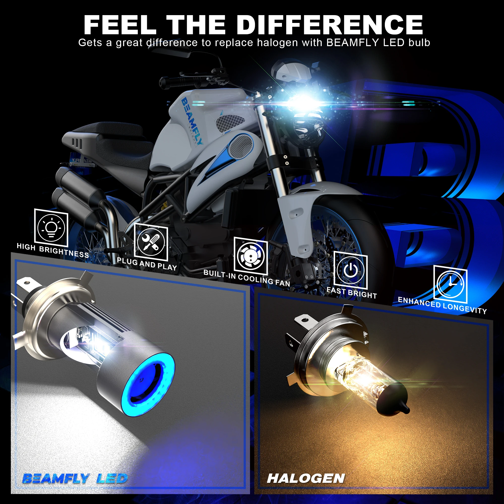 BEAMFLY 30 واط LED مصباح أضاءه أمامي H4 خمسة ألوان خاتم هالة HS1 P43T التوصيل والتشغيل EyeSuper 6000 كيلو Csp التوصيل والتشغيل مصباح دراجة نارية 1 قطعة