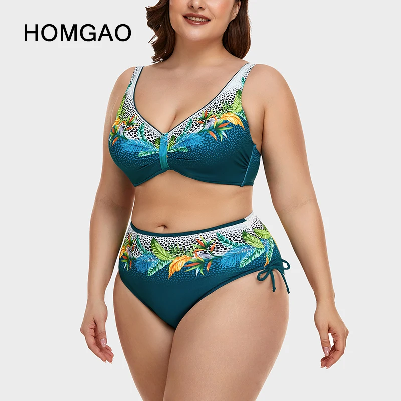 HOMGAO Sexy Swimwear Women Vintage Print Bikini High Waisted Drawstring Two Piece Swimsuits Tummy Control Bathing Suits 2XL-5XL