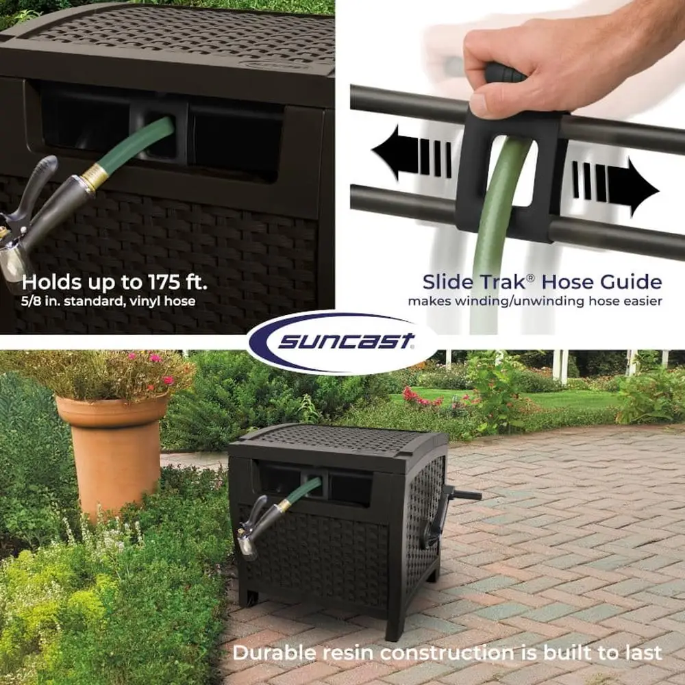 175ft Outdoor Garden Hose Reel Resin Wicker Hideaway Smart Trak Hose Guide Weather Resistant Durable Storage Solution