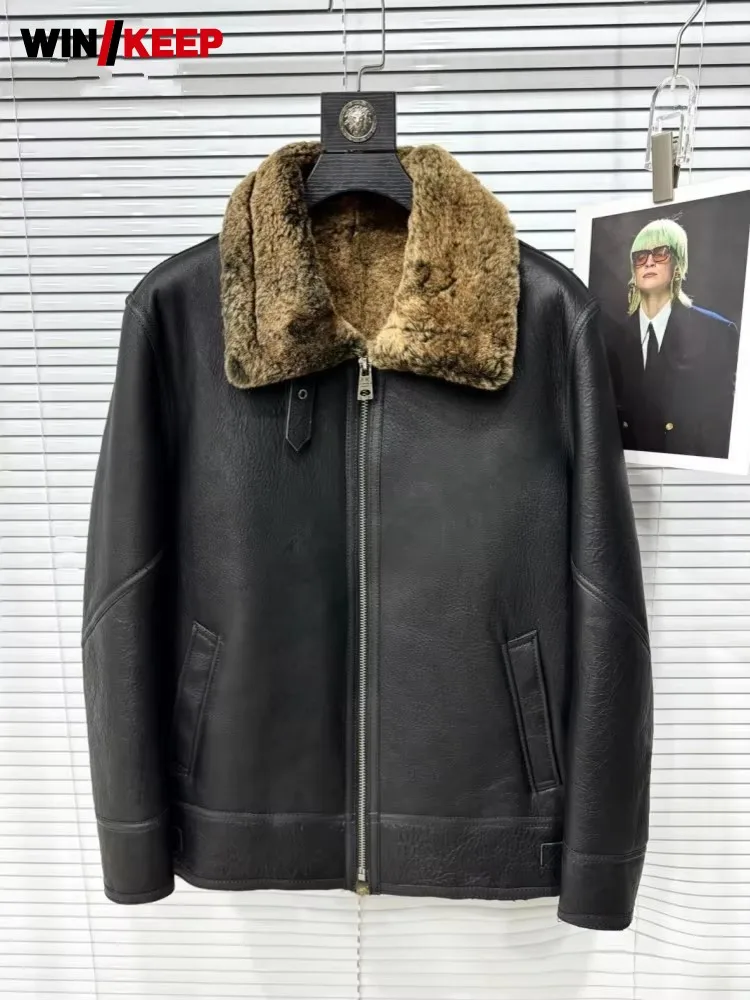 Men Winter Turn Down Collar Warm Wool Lining Sheepskin Genuine Leather Jacket Shearling Real Fur Coat Motorcycle Biker Overcoat