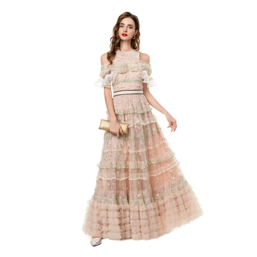 Meyyithun vestido feminino flores bordado miçangas maxi vestido manga curta em camadas babados vestido de festa vintage 250611mz01