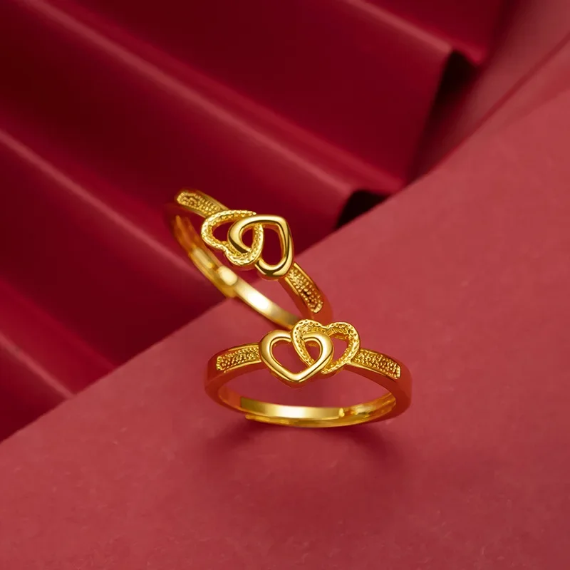 

999 Gold Double Layers Heart Ring for Women, 24K Gold Adjustable opening Lovely Rings Gifts for Birthday Engagement Party