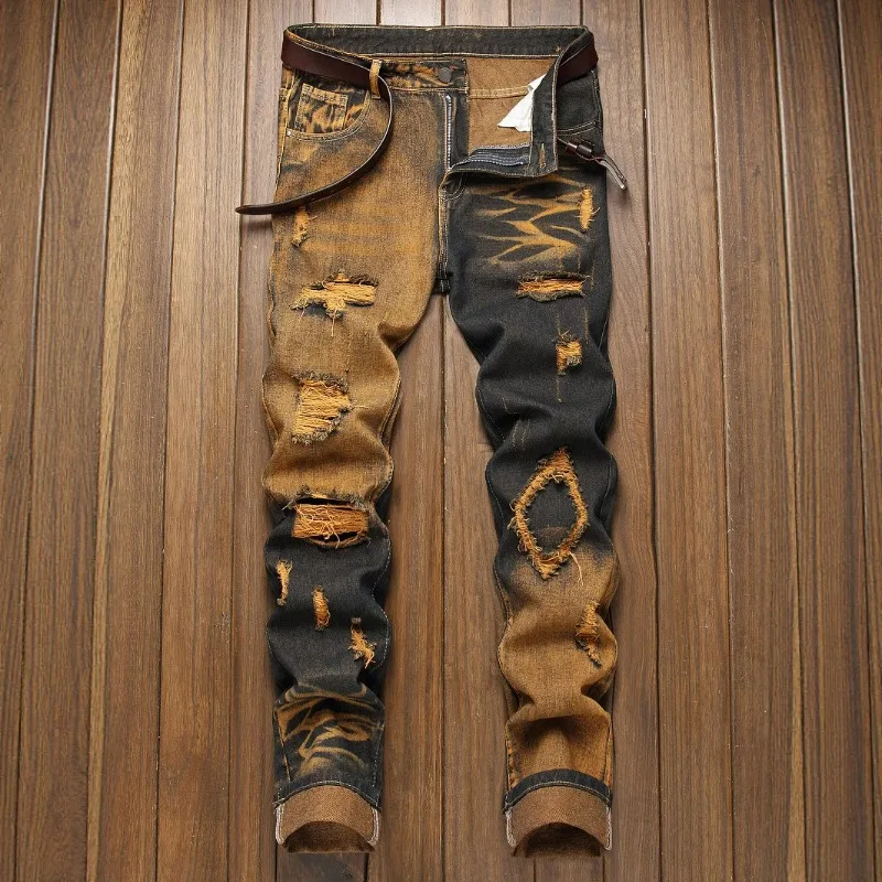 KIDWHXR 2026 Men Denim Pants Vintage Contrast Color Hole Man Straight-leg Jeans Streetwear Mid Waist Versatile Male Trousers