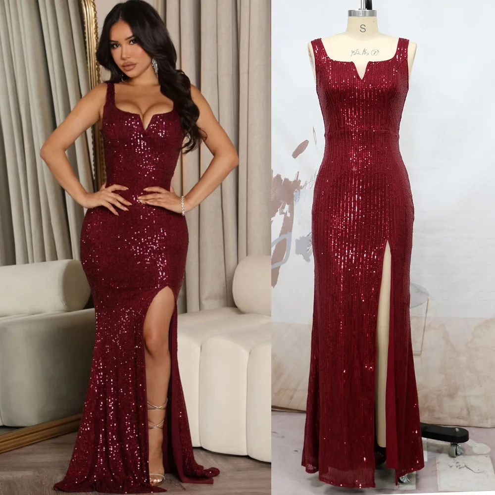 Sequined Mermaid Burgundy Evening Dresses Shiny Sexy High Split Spaghetti Straps V-Neck Prom Formal Party Gown Vestido De Fiesta