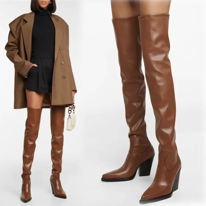 

Ladies Retro Style New Pointed Thick Soled High-heeled Leather Long Boots Women's Knee High Boots In Large Size