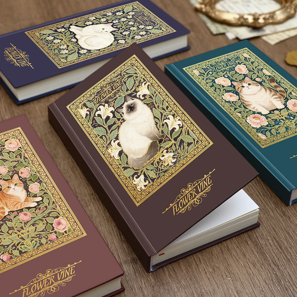 112 sheets Cute cat hardcover, retro style thick horizontal inner pages, student portable hot stamping notebook