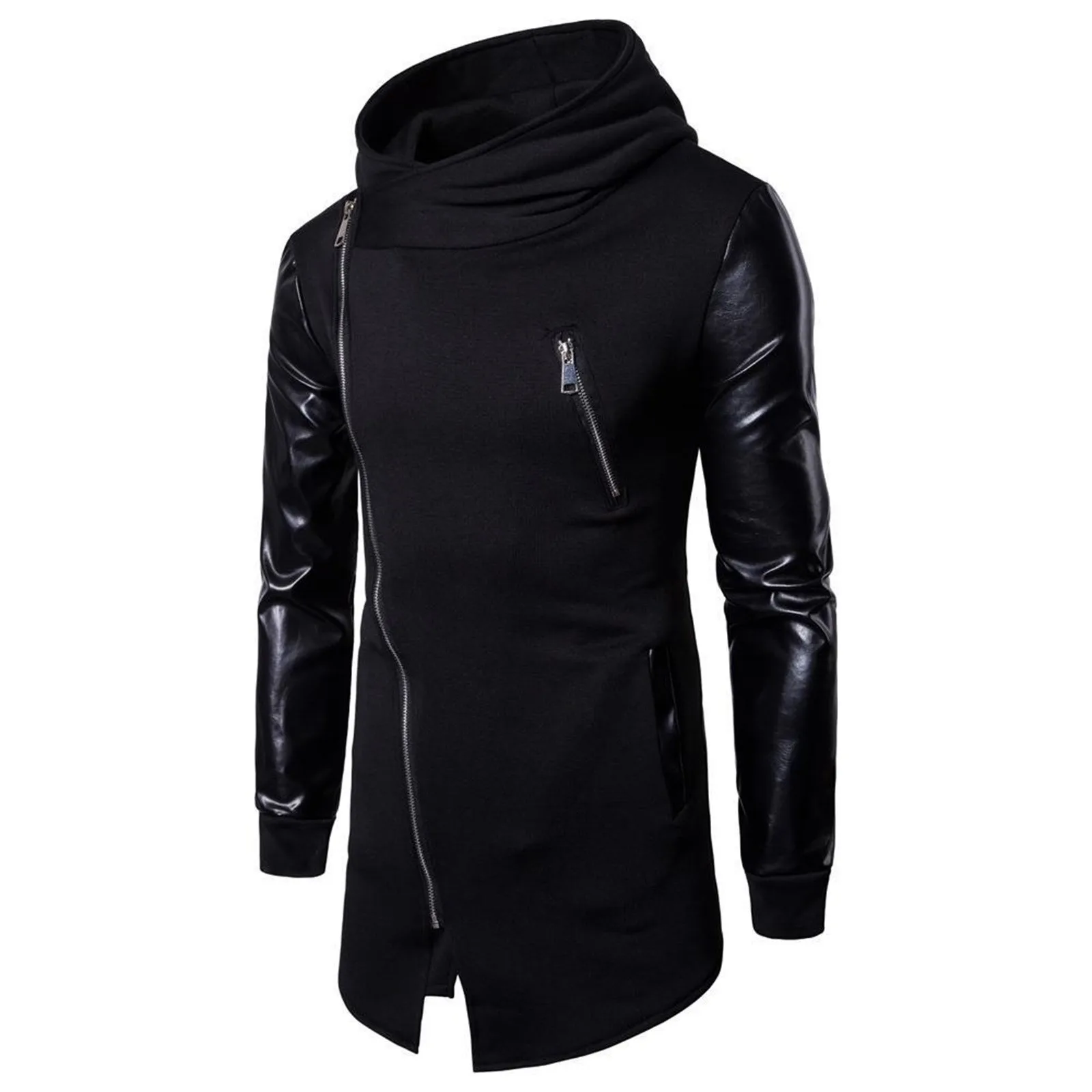 

Gothic Men Fashion Hooded Sweatshirts PU Leather Patchwork Side Zipper Medium Length Hoodies Jacket Irregular Men Outerwear
