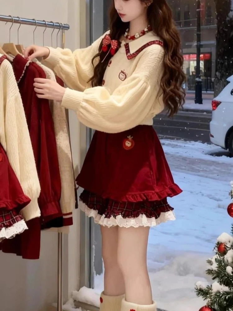 Elegante Mode Süße 2-Teiliges Set Frauen Schlank Stricken Laterne Hülse Kragen Top + Plaid Spitze Mini Rock Weihnachten party Chic Outfit