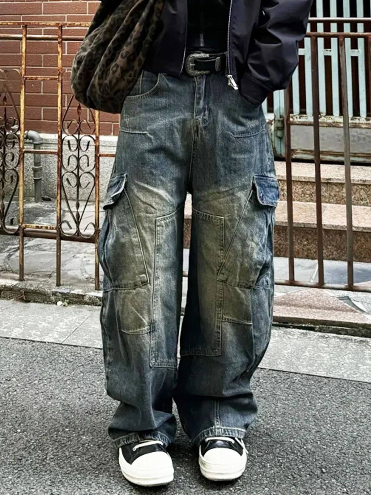 

Men's Casual Wide Leg Jeans Spring Autumn American High Street Design Loose Comfortable Waed Knife Multi ket Workwear