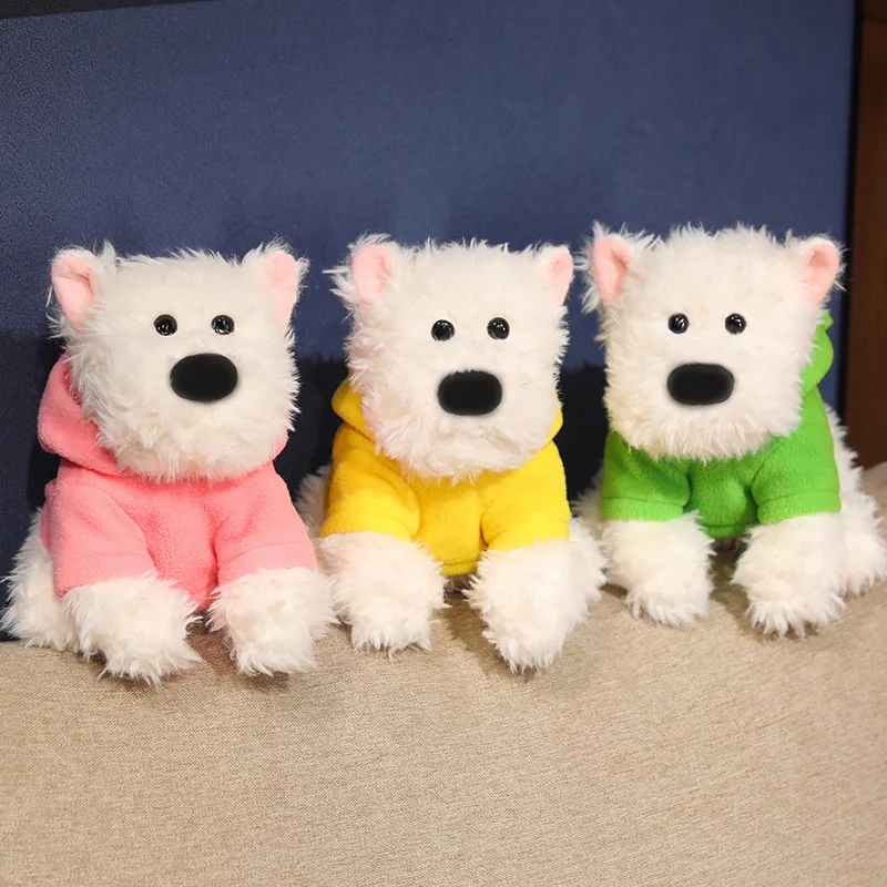 Lifelike Plush West Highland Dog White Terrier Toy Fluffy Real-life Stuffed Animals Dog with Clothes Kids Toy Birthday Gift