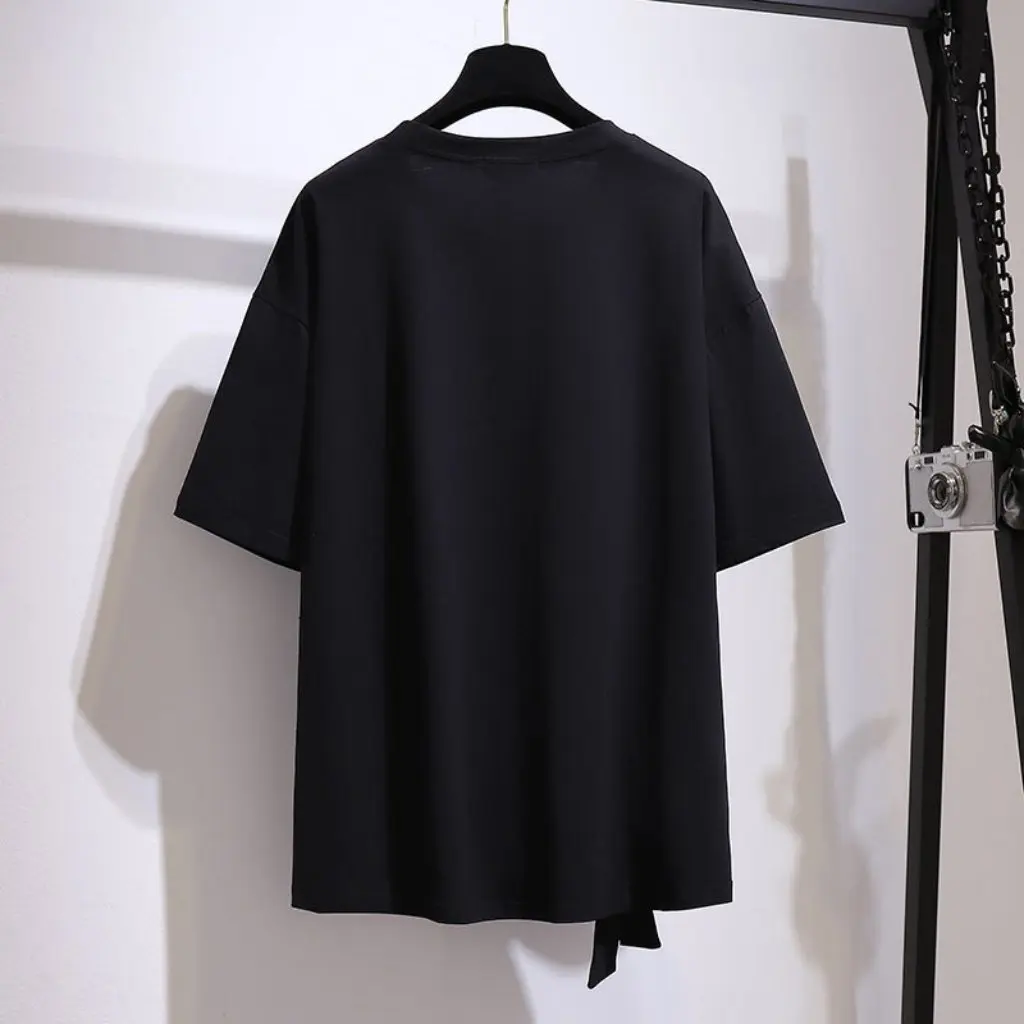 

Женская футболка больших размеров на шнуровке с бантом, утягивающий повседневный топ для полных девочек, свободный крой, летнее новое поступление