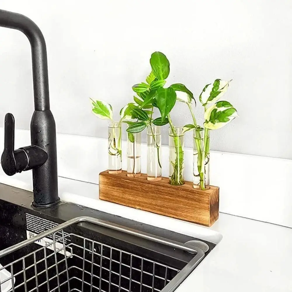 E5 Desktop Wooden Stand Hydroponic Vase Transparent Test Tube Shape Hydroponic Plant Container Minimalist Creativity Flower Vase
