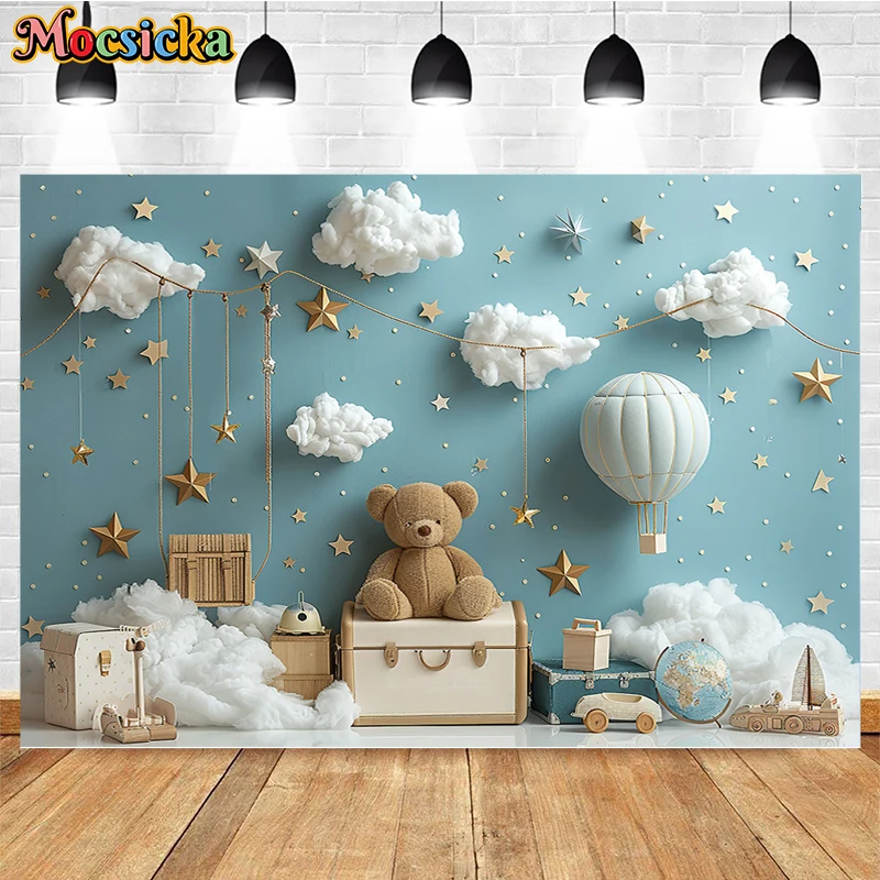 Mocsicka Photography Background Hot Air Balloon Bear Decor Cake Smash Kids Birthday Party Newborn Shower Backdrop Photo Studio