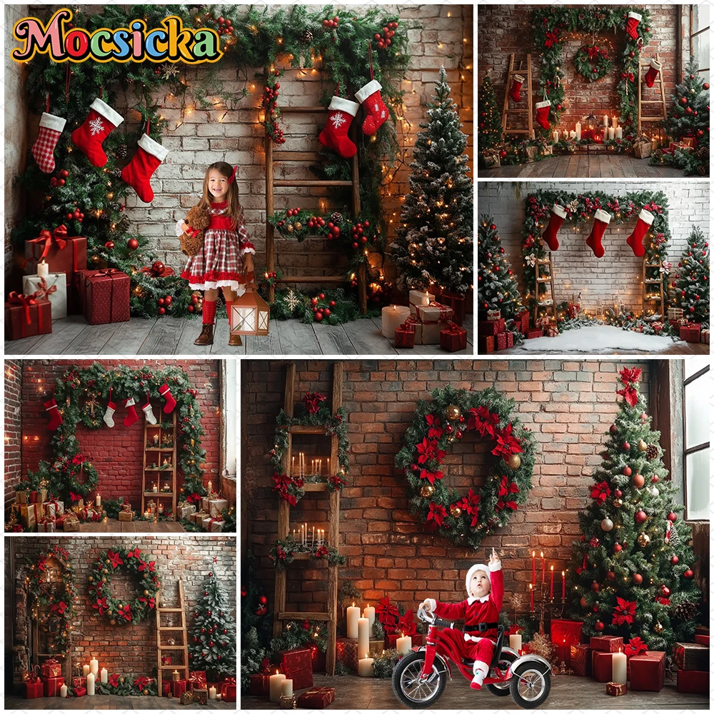 Mocsicka عيد الميلاد خلفية سنة جديدة سعيدة حفلة عيد الميلاد شجرة الطوب الجدار الديكور الكبار الأطفال صورة صورة خلفية راية