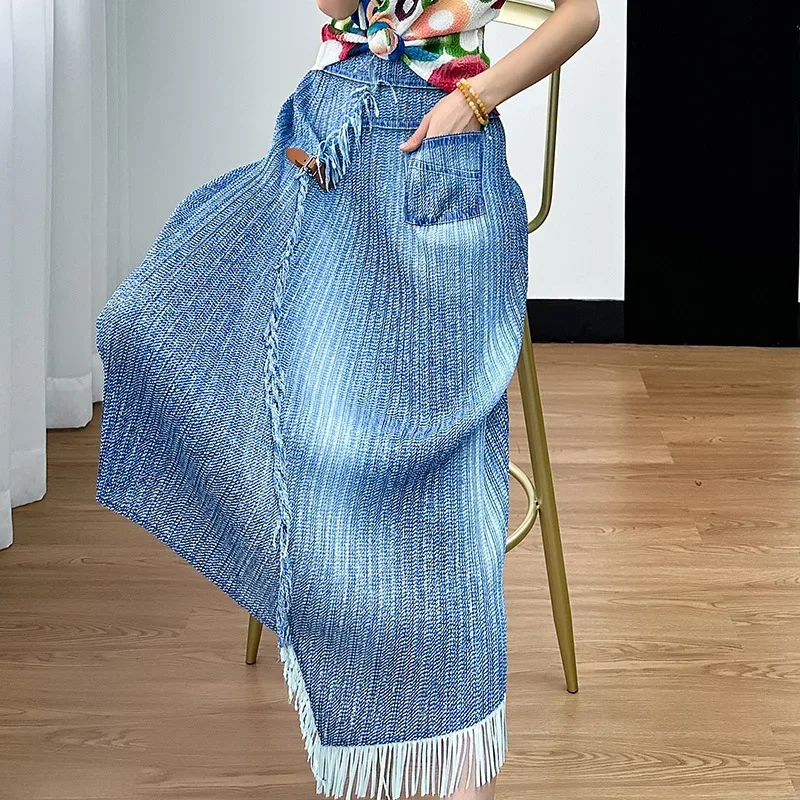 

Miyake Pleated Skirt for Women 2024 Summer Style Simple Imitation Denim Color Tassel Loose Casual Retro All-match Women's Skirt