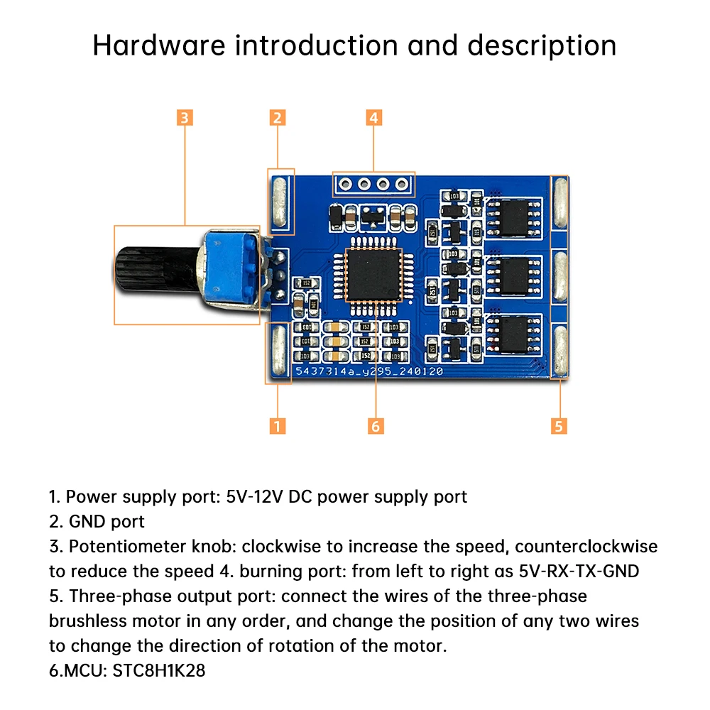 3-fazowy bezszczotkowy sterownik silnika DC Moduł kontrolera ESC STC8H z potencjometrem Bezstopniowa regulacja prędkości Sterowanie silnikiem