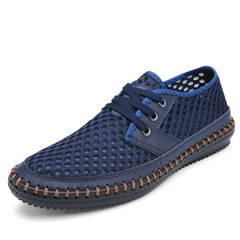 Men\'s Genuine Leather Hollow Breathable Flats Summer New Lace Up Shallow Casual Shoes for Men Outdoor Light Male Walking Shoes