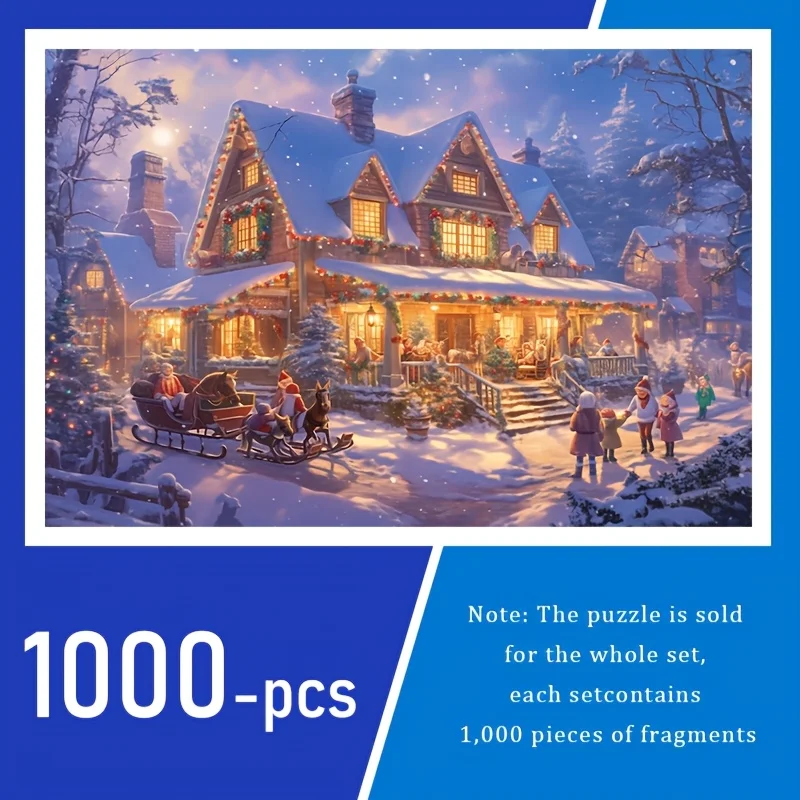Festive Christmas Snowy Town Puzzle,Cozy Winter Village & Glowing Houses Landscape,Multi Size Paper Jigsaw for Adults