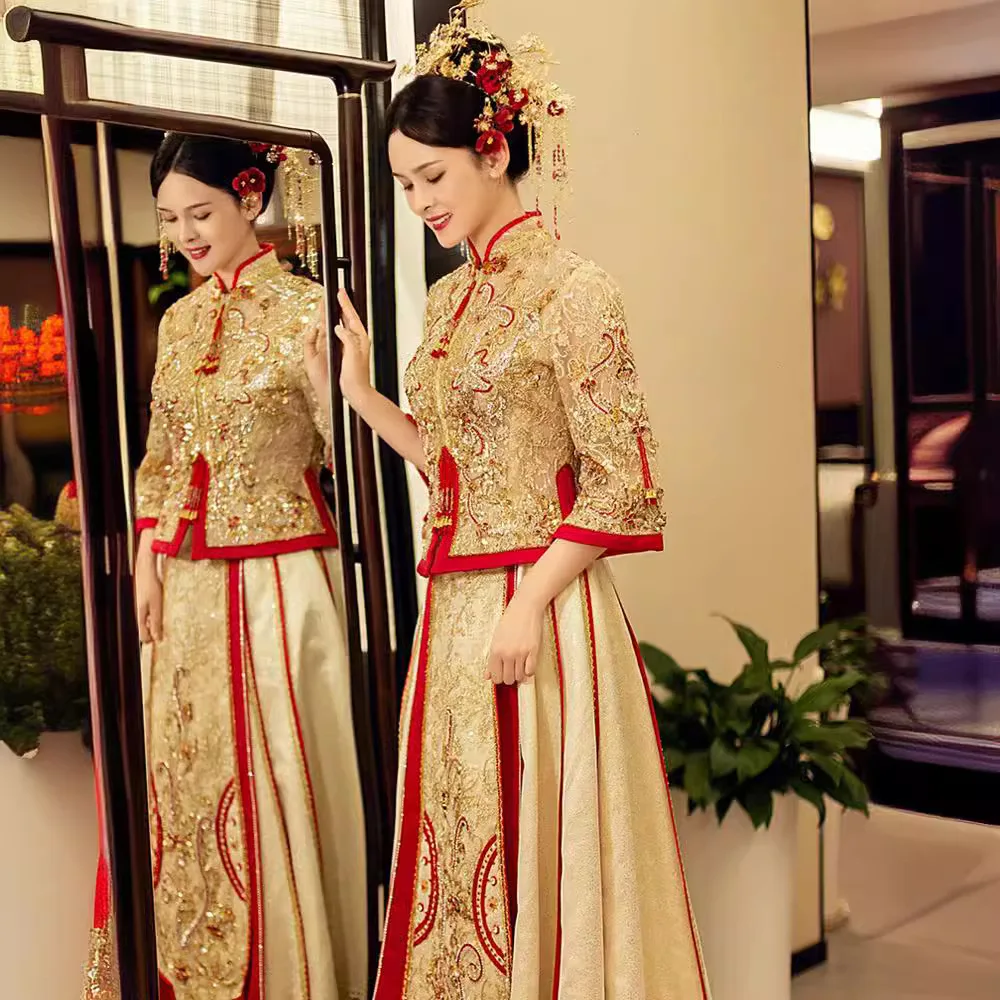 Champagne Xiuhe Bride Summer Chinese Dragon and Phoenix Coat Toast Wedding Dress