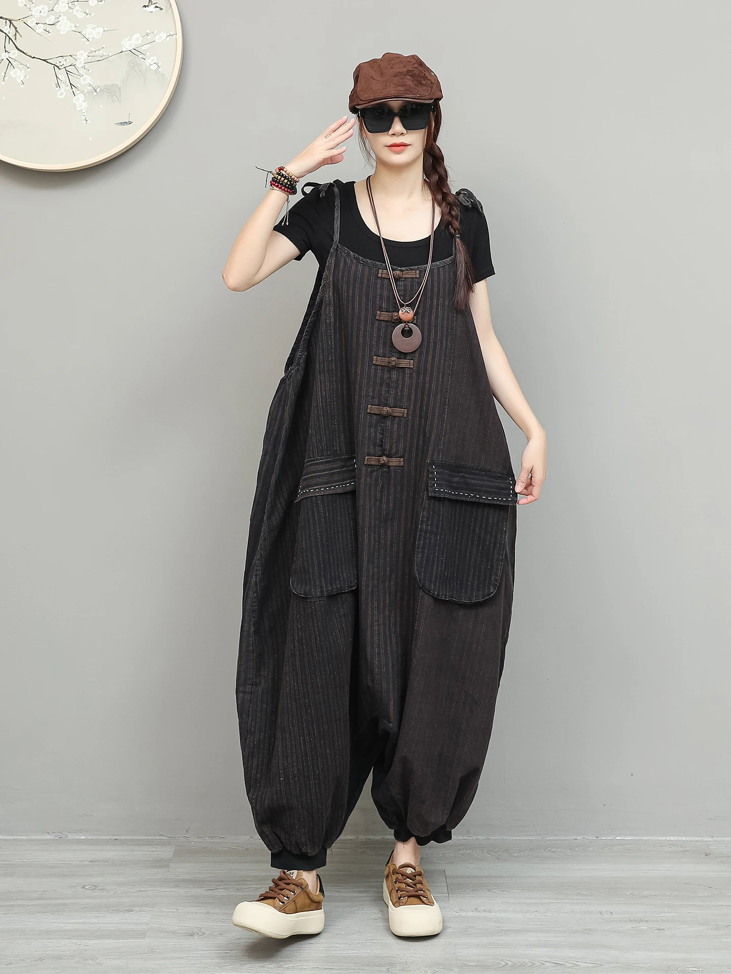 Vintage-style Simple Old Fabric Overalls Women 2026 Summer New Loose Large Pockets Suspender Jumpsuit LX5770 - Image 4