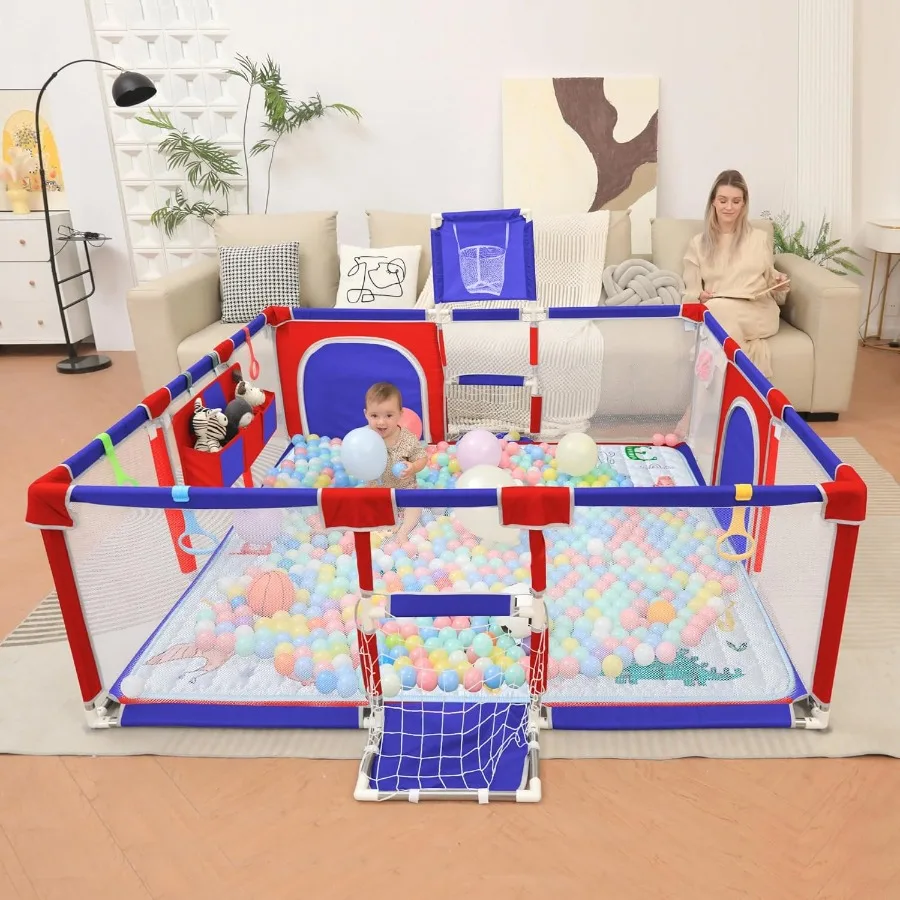 Kojec dla niemowląt i małych dzieci, kojec dla dzieci o wymiarach 185x180 cm z matą, do użytku wewnątrz i na zewnątrz, oddychający kojec z piłeczkami do zabawy i zawieszkami.