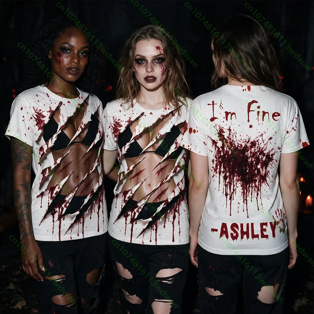 Funny Zombie Scratch T-Shirt Personalized Fake 3D Muscle & Bikini Graphic Couple Tees Women's Bloody Halloween Dress Up Costume