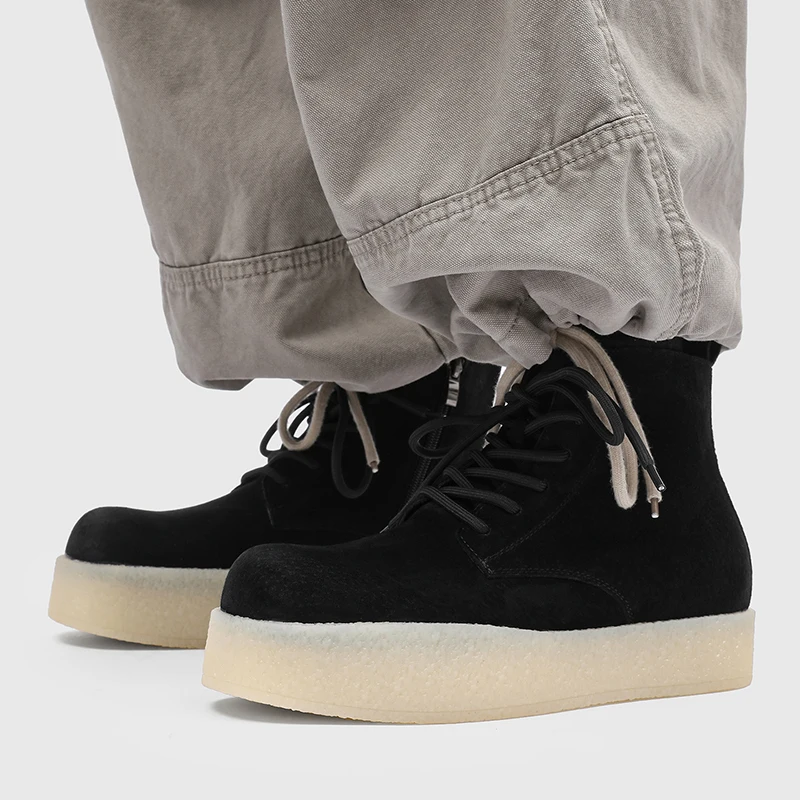 Thick Soled Height Increasing Work Boots for Men Solid Color Anti Suede Lace Up Short Boots for Youth Daily Outdoor Hiking Shoes view 5