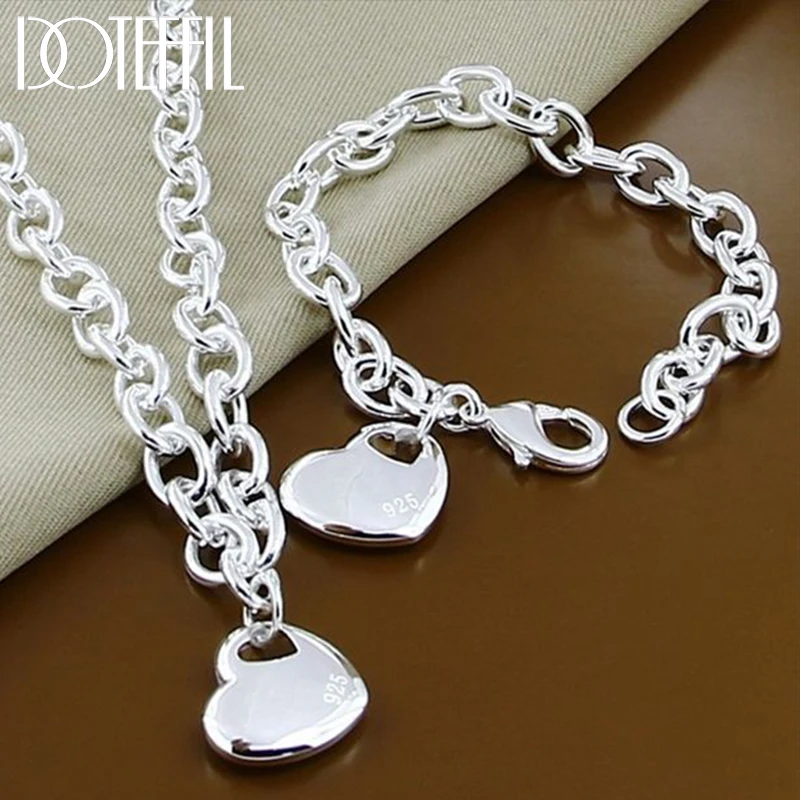 

DOTEFFIL 925 Sterling Silver Solid Heart Necklace Bracelet Set For Women Man Wedding Engagement Party Jewelry