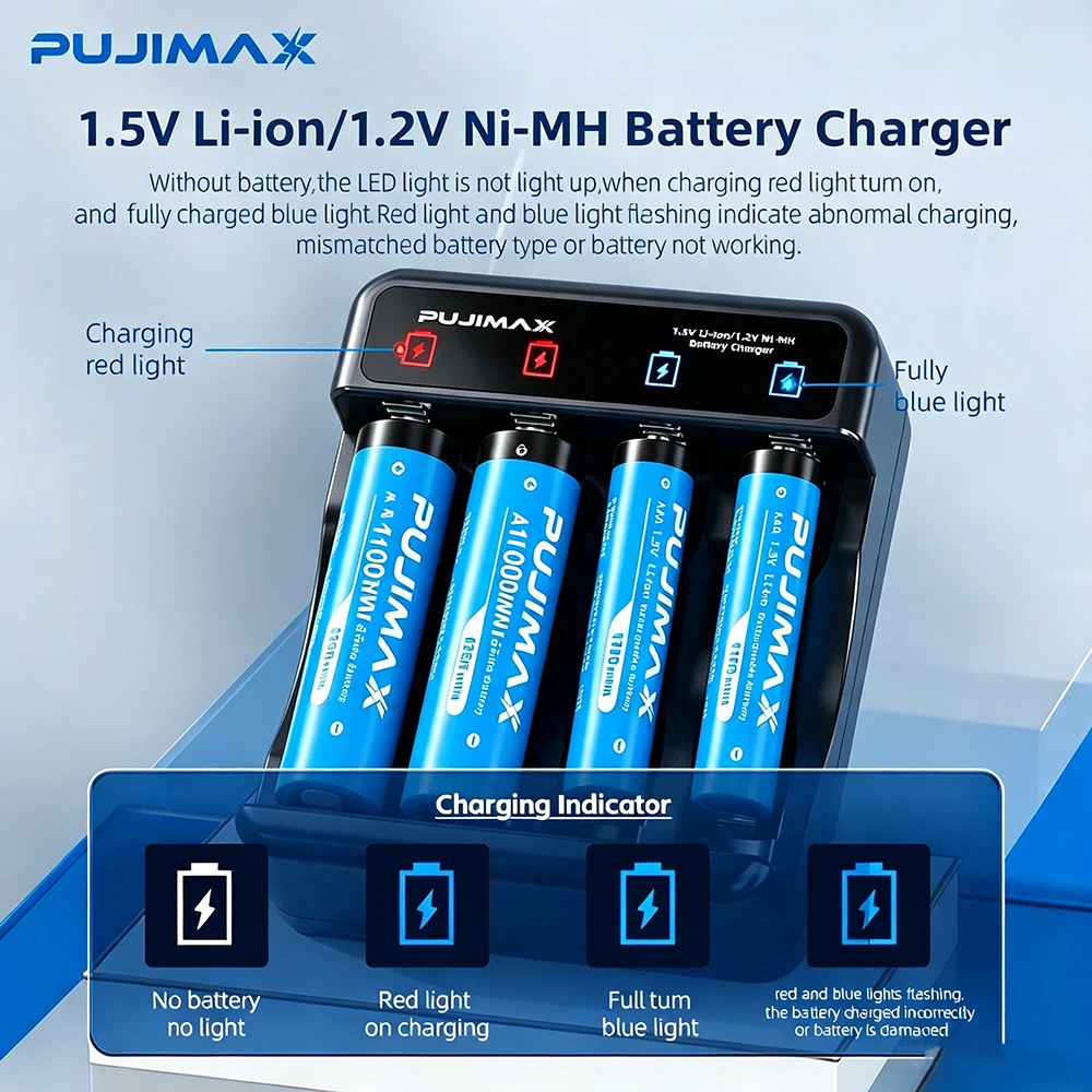 PUJIMAX 1.5V AA 4255mWh Li-ion Battery AAA 1100mWh Rechargeable Batteries for Remote Mouse Toys Clock Radio Video Computer