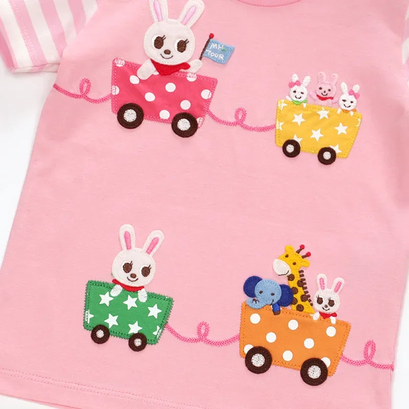 Boys Clothes  Kids Cartoon Cute Bear Bunny Zoo Train Embroidery Short Sleeve T-shirt