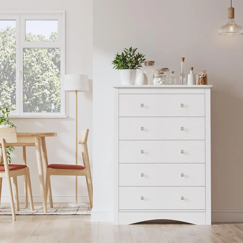 Cômoda alta branca com 5 gavetas para armazenamento de quarto e corredor