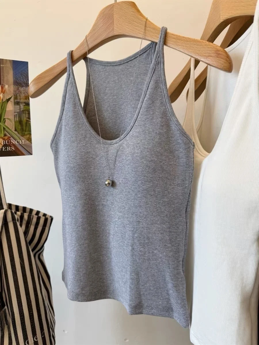 Summer New Women's Sleeveless U-Neck Tank Top 95% Cotton with Chest Pad Large Size Strap Vest Cover Side Breast Inner Wear
