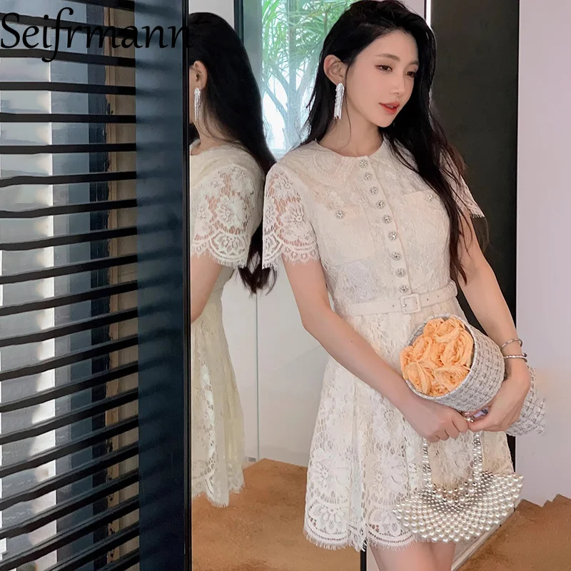 Seifrmann 2026 Spring Women's clothing New Fashion Doll Collar Short Sleeve Lace Belt Waist cinching Dress