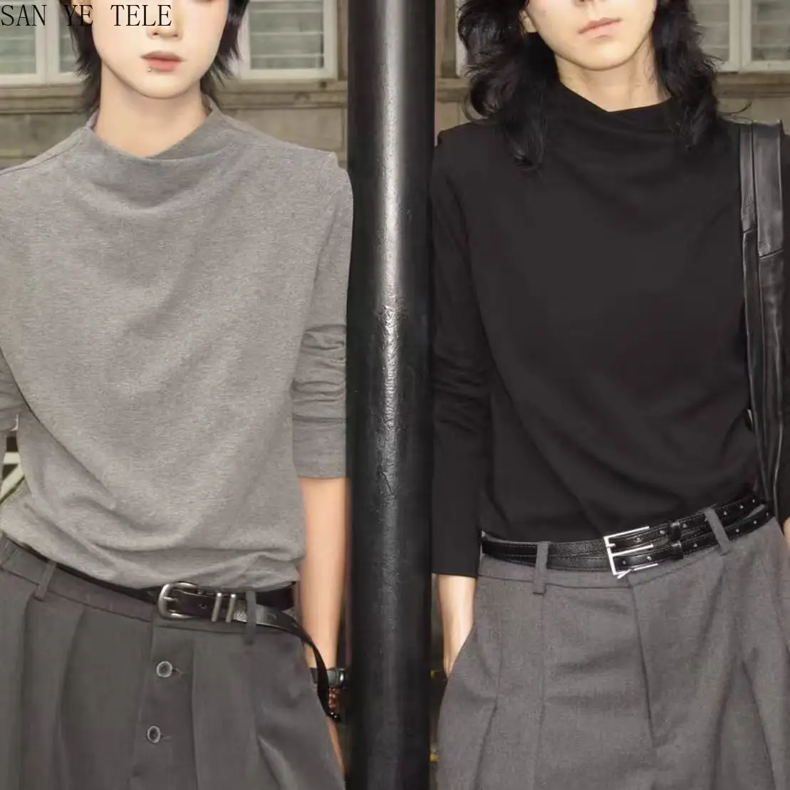 

Cross Chimney Collar Long Sleeved T-shirt Autumn Winter Fashion Base Shirt Pullover Slim Color Korean High Stretch Top for Women