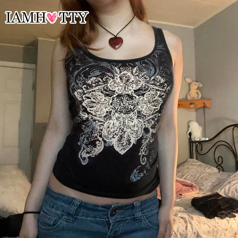 

IAM HOTTY Gothic Style Graphic Print Tank Top Vintage Sleeveless Crop Top Dark Academia Sleeveless Tops Street Style Camis Sexy
