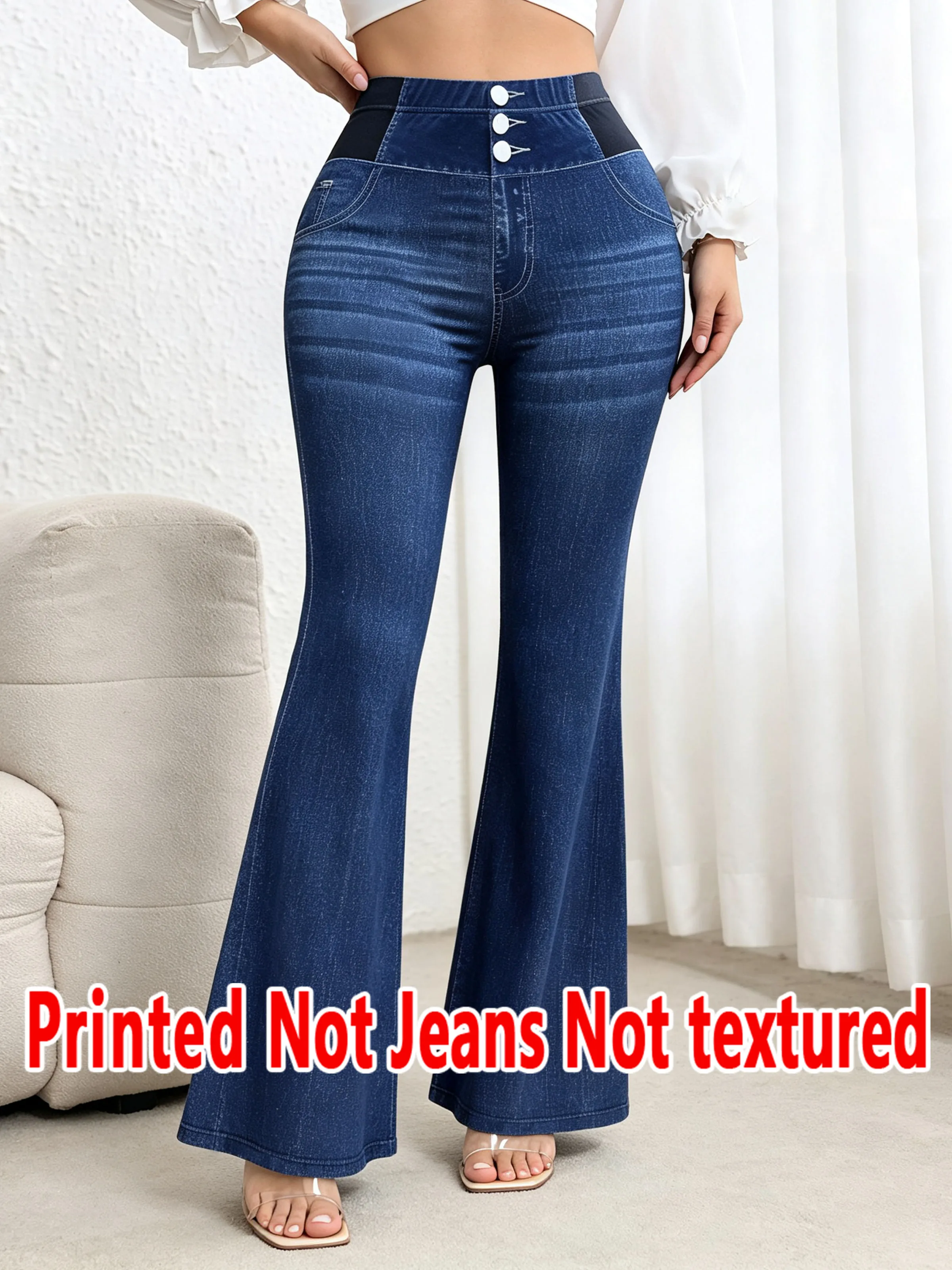 1567 Ladies Non-Leather Denim Fabric Bell Bottom Pants Printed Design Four Seasons Wearable Ladies Long Trousers