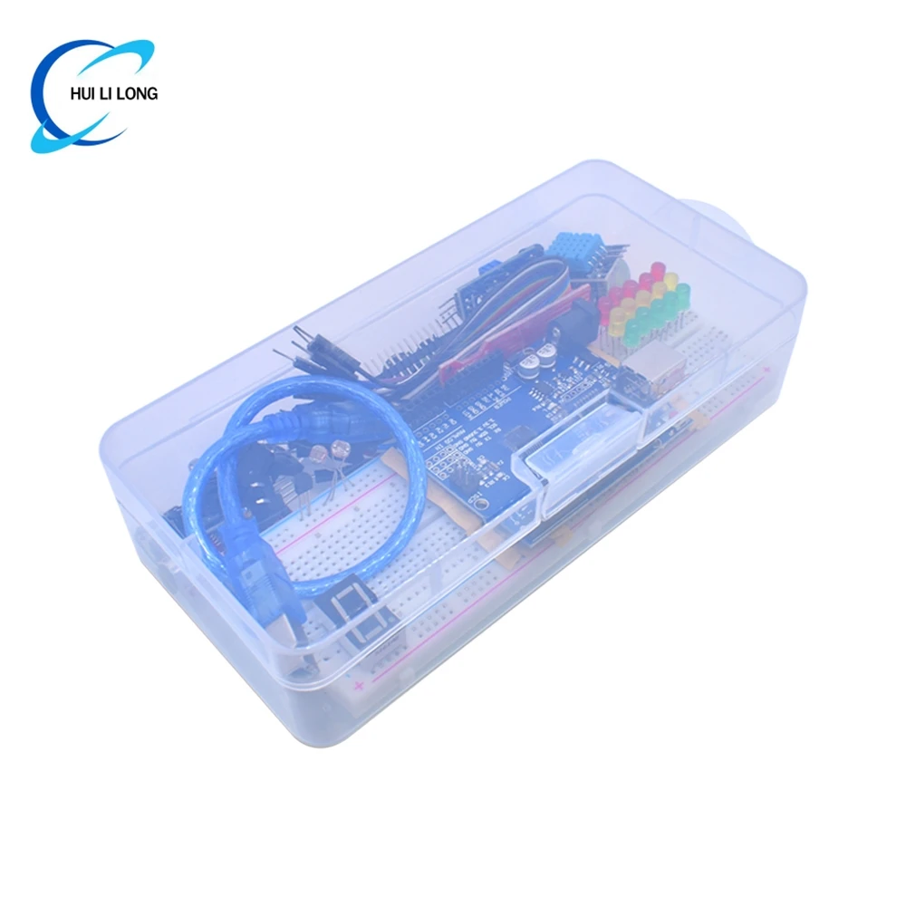 Starter Kit für Arduino Uno R3 Breadboard Basic, einfaches Lernset, Ton-/Wasserstand-/Feuchtigkeits-/Entfernungserkennung, LED-Steuerung