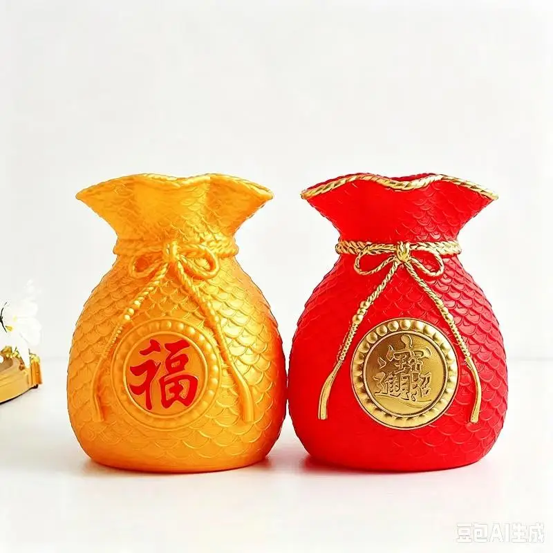 [S]Lucky Money Bag Shaped Decorative Vase Chinese Good Fortune Embossed Design For Spring Festival Home Decor