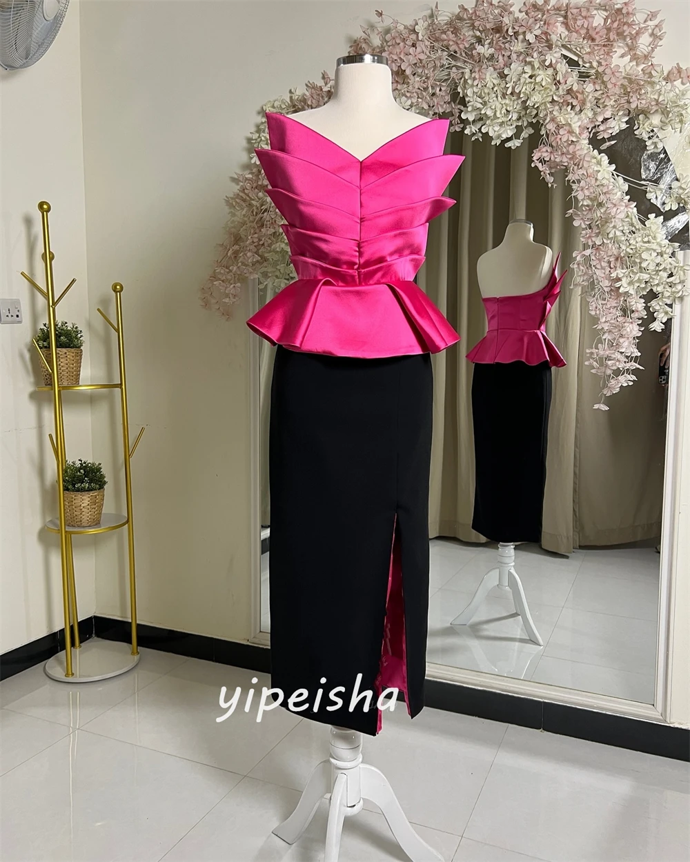 Customized  Sexy Casual   Satin Pleat Cocktail Party A-line Strapless Bespoke Occasion Gown Midi Dresses