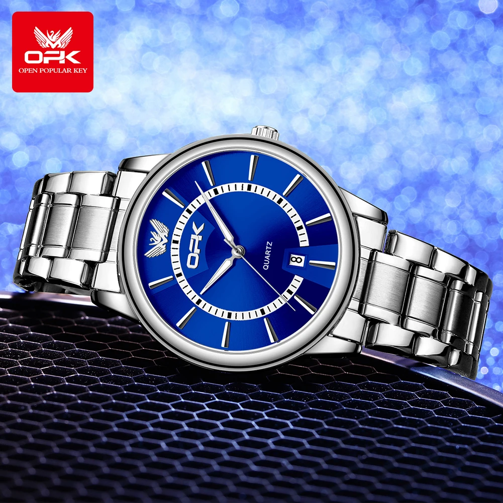 OPK Quartz Watch for Men Blue Casual Watch Auto Date Stainless steel Strap Hand Clock