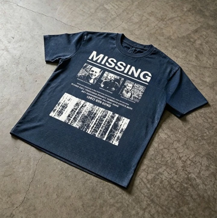 2026 Men Vintage Missing Poster Style Graphic T Shirt Horror Forest Art Print Streetwear Crewneck Tee