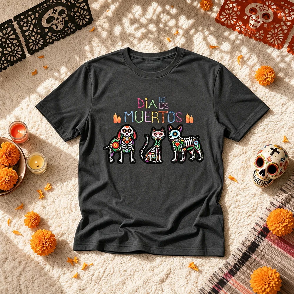 Unisex Breathable Animal Skeleton Graphic Tee Short Sleeve Parent-Child Mexican Day of the Dead Cartoon Summer O-Neck Outfit Tee