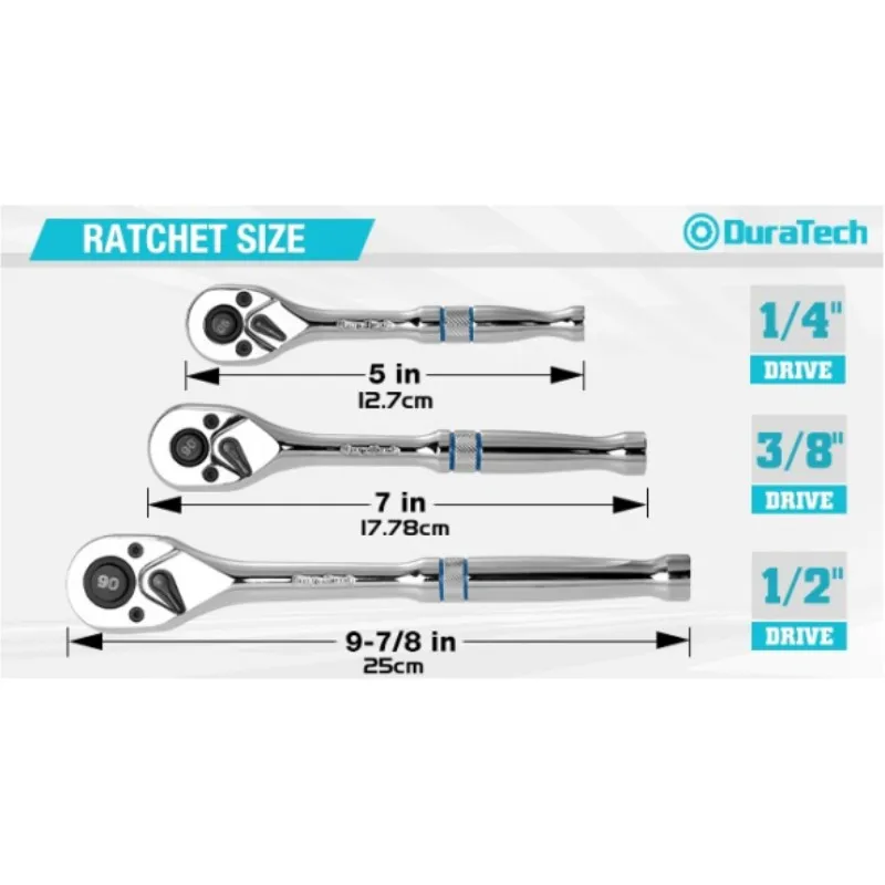 DURATECH 3-Piece 1/4" 3/8" 1/2" Drive Ratchet 90-Tooth Quick-release Reversible Cr-V Full Polished - view 3