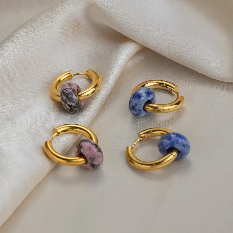 Gold Plated Hoop Earrings 1 Pair with Shiny Colorful Natural Stone Pendants for Banquet Dinner Wear Jewelry