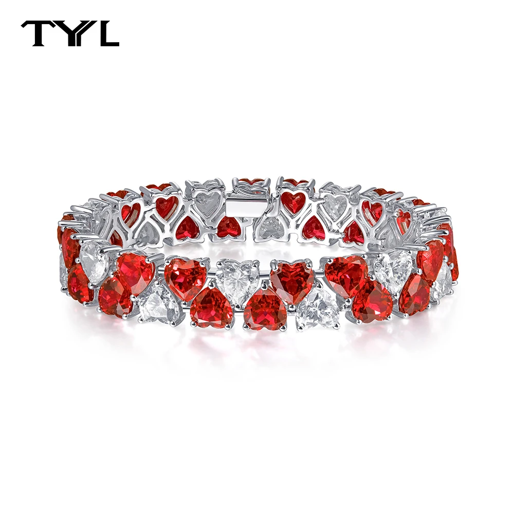 

TYYL Luxury Tennis Bracelet High Carbon Diamond Heart Created Ruby Bangle 925 Silver Gemstone Wristlet Bracelets Wedding Jewelry