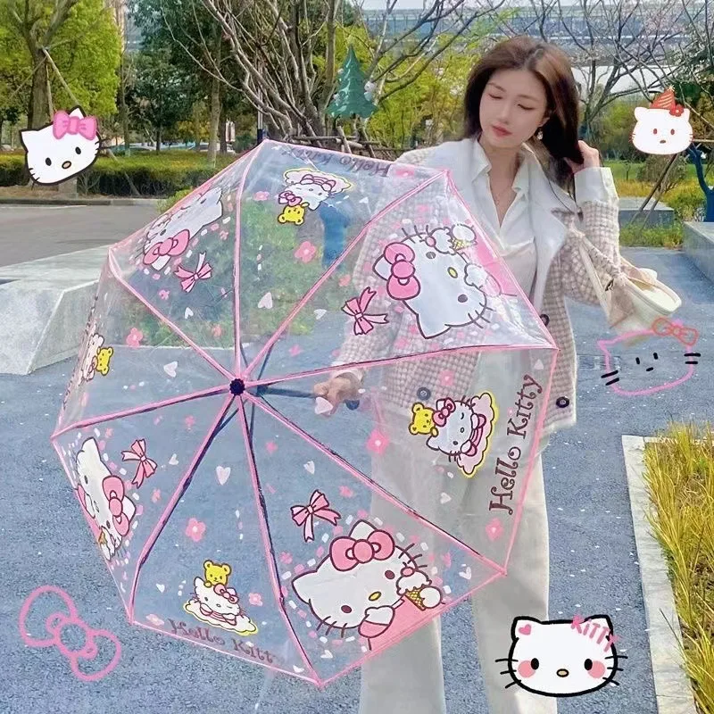 

Прозрачный складной зонт Hello Kitty Y2K, милый Аниме Зонтик Sanrio в стиле коричной аниме, милый мультяшный зонтик с сердечками для девочек, игрушки для девочек